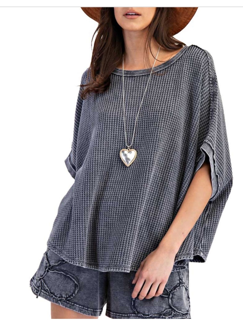 Easel Mineral Washed Oversized Thermal Knit Top